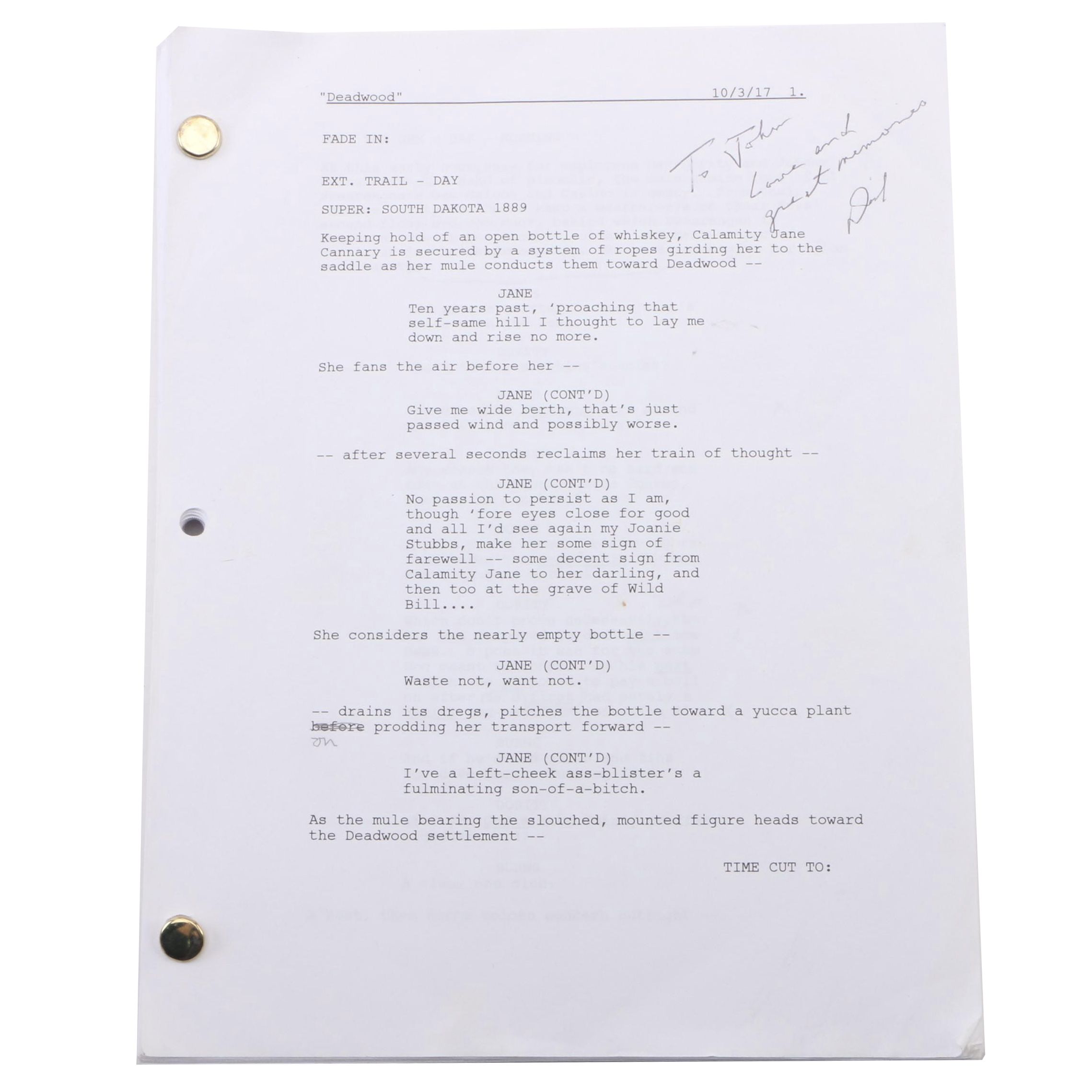 David Milch Signed and Personalized "Deadwood" Script