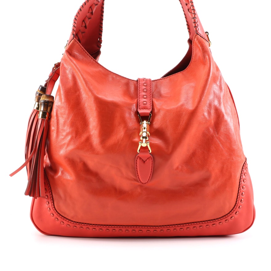 Gucci New Jackie Hobo in Red Leather with Burnished Bamboo and Leather Tassels