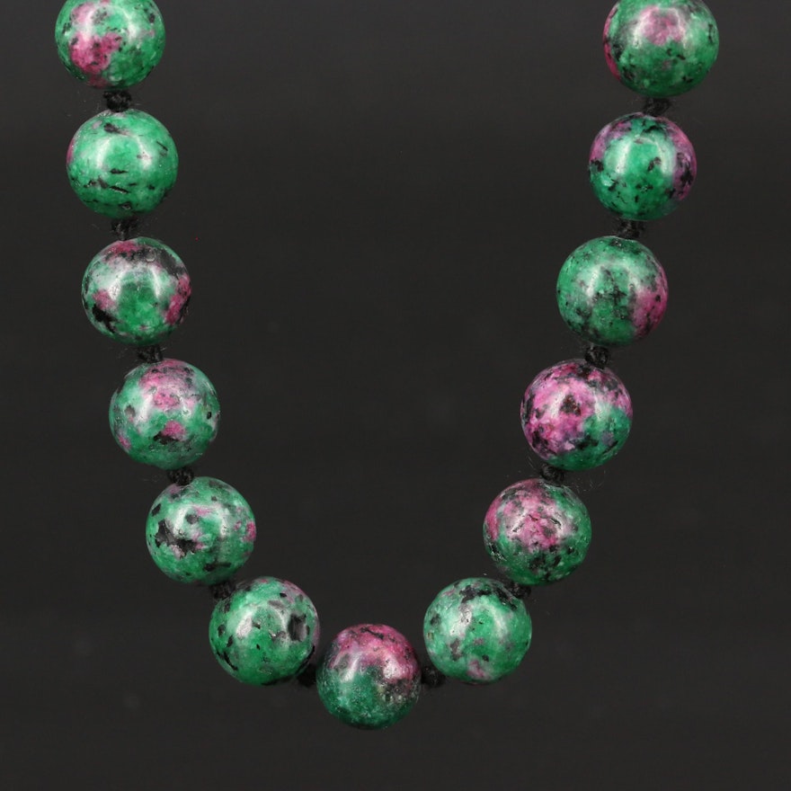 Faux Ruby-in-Zoisite Beaded Necklace with Sterling Clasp