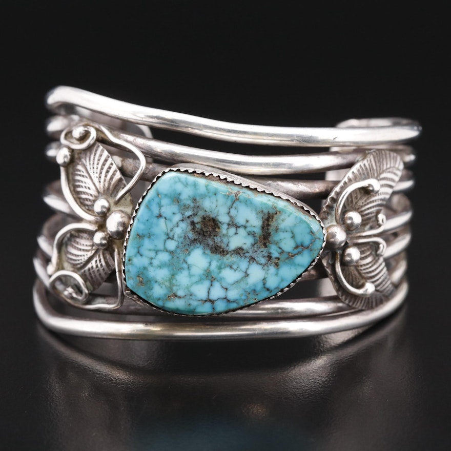 Artist Signed Western Sterling Turquoise Cuff