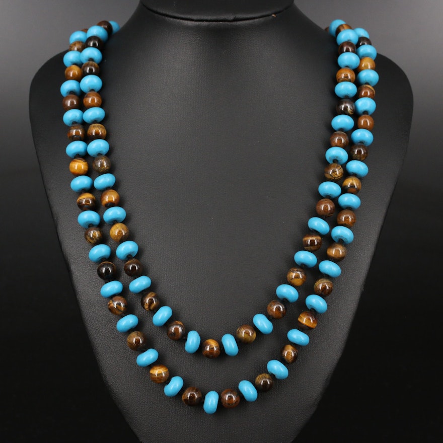 Tiger's Eye and Faux Turuqoise Beaded Endless Necklace