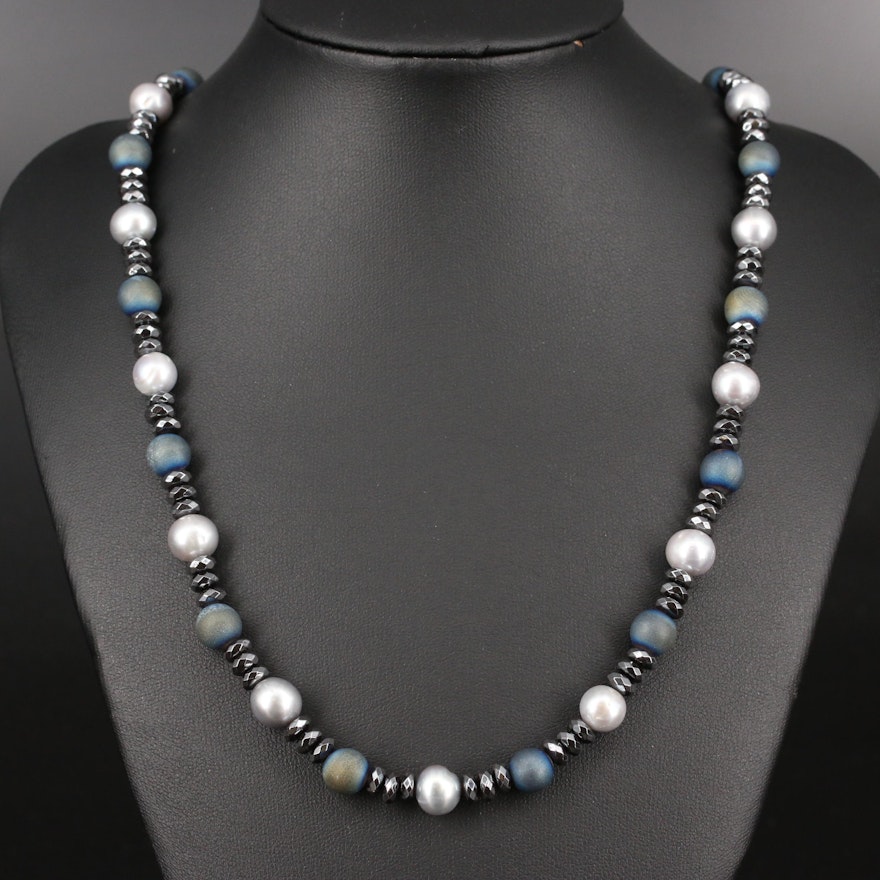 Pearl, Druzy and Hematite Bead Necklace with Sterling Silver Clasp