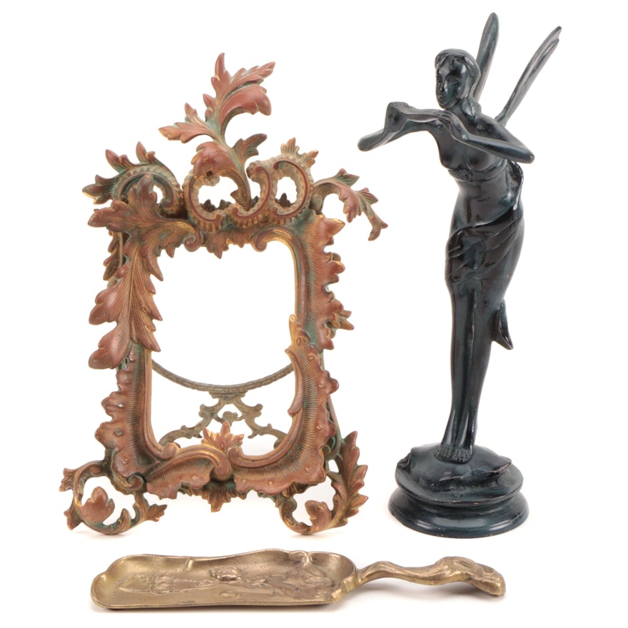 Rococo Style Gilt Metal Table Frame with Art Nouveau Statuette and Crumber