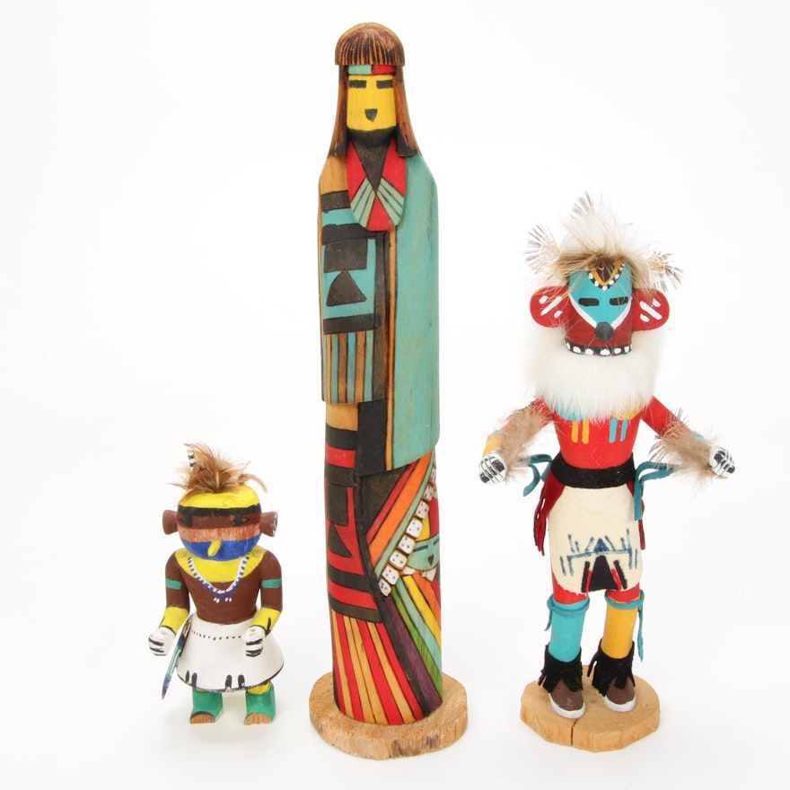 Handmade Carved Wood "Sunface," "Hummingbird" and Other Kachina Dolls, Signed