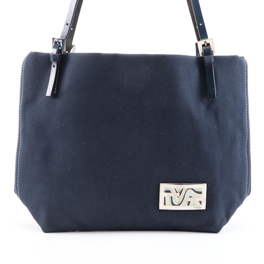 Fendi Navy Blue Canvas Tote with Contrast Stitching and Leather Straps