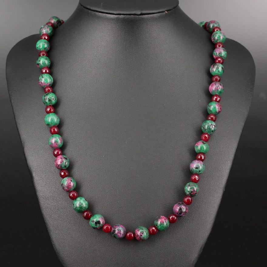 Chalcedony and Faux Ruby in Zoisite Beaded Necklace with Sterling Clasp