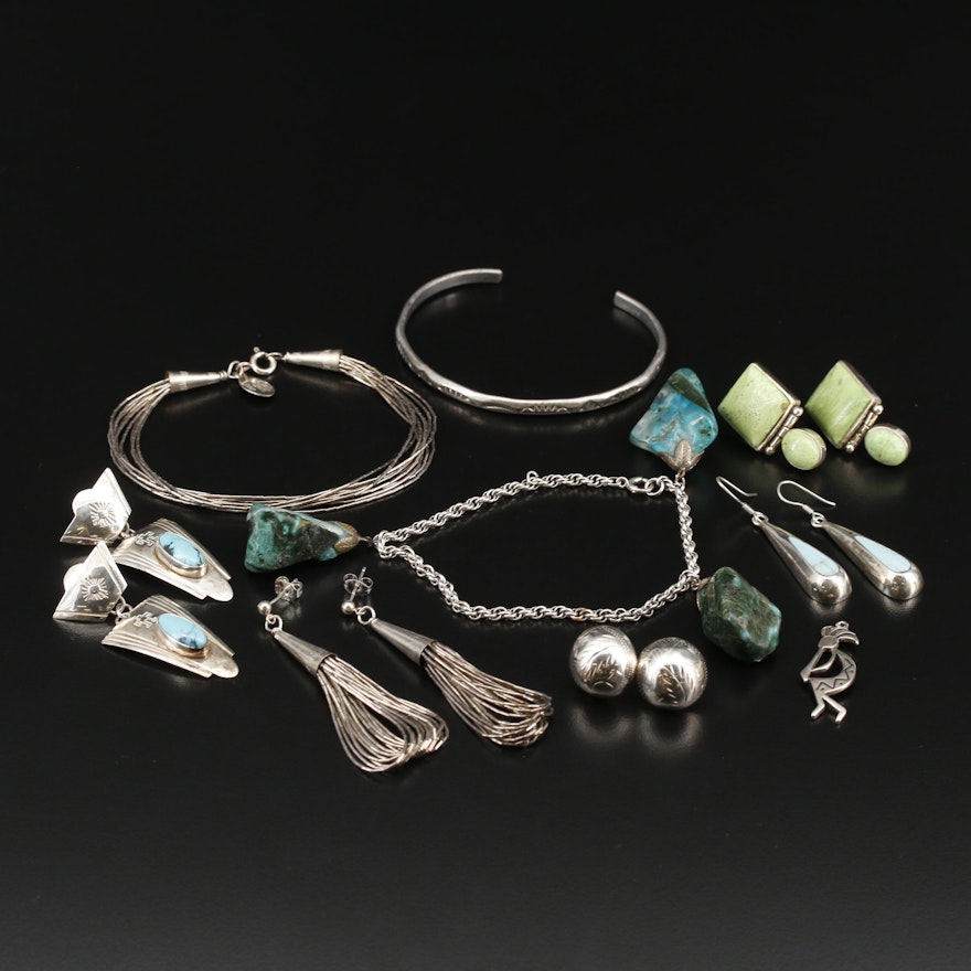 Collection of Sterling Jewelry Including Liquid Silver Bracelet and Earrings