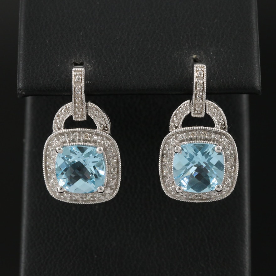 Sterling Silver Topaz and Diamond Drop Earrings
