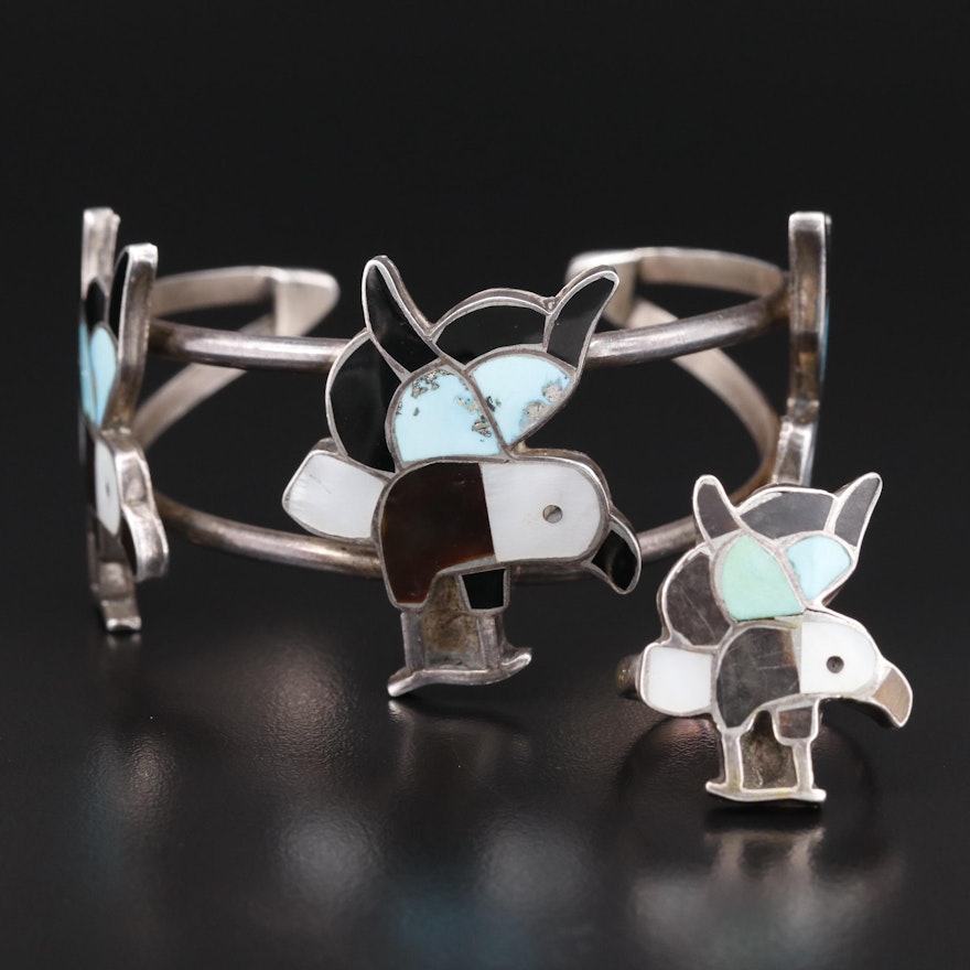 Southwestern Sterling Ring and Cuff Featuring Gemstone Inlay and Bird Motif