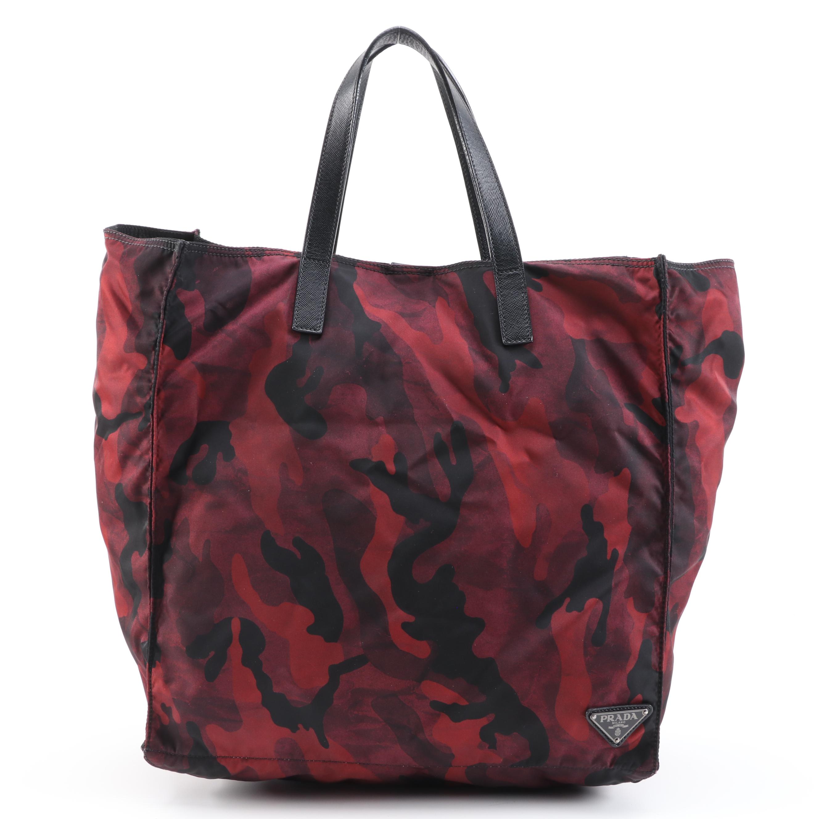 Prada Red/Black Camouflage Tessuto Nylon and Leather Shoulder Tote
