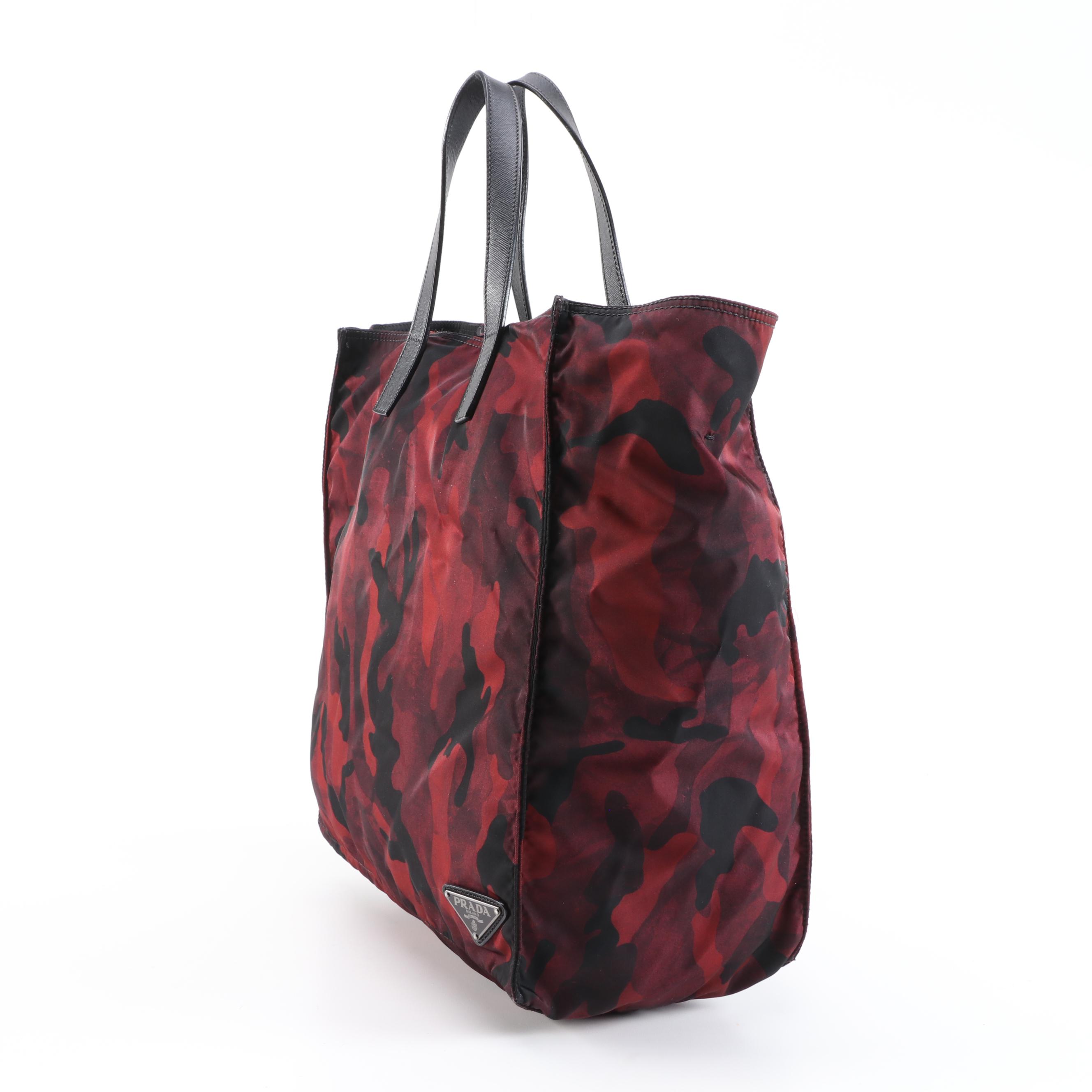 Prada Red/Black Camouflage Tessuto Nylon and Leather Shoulder Tote