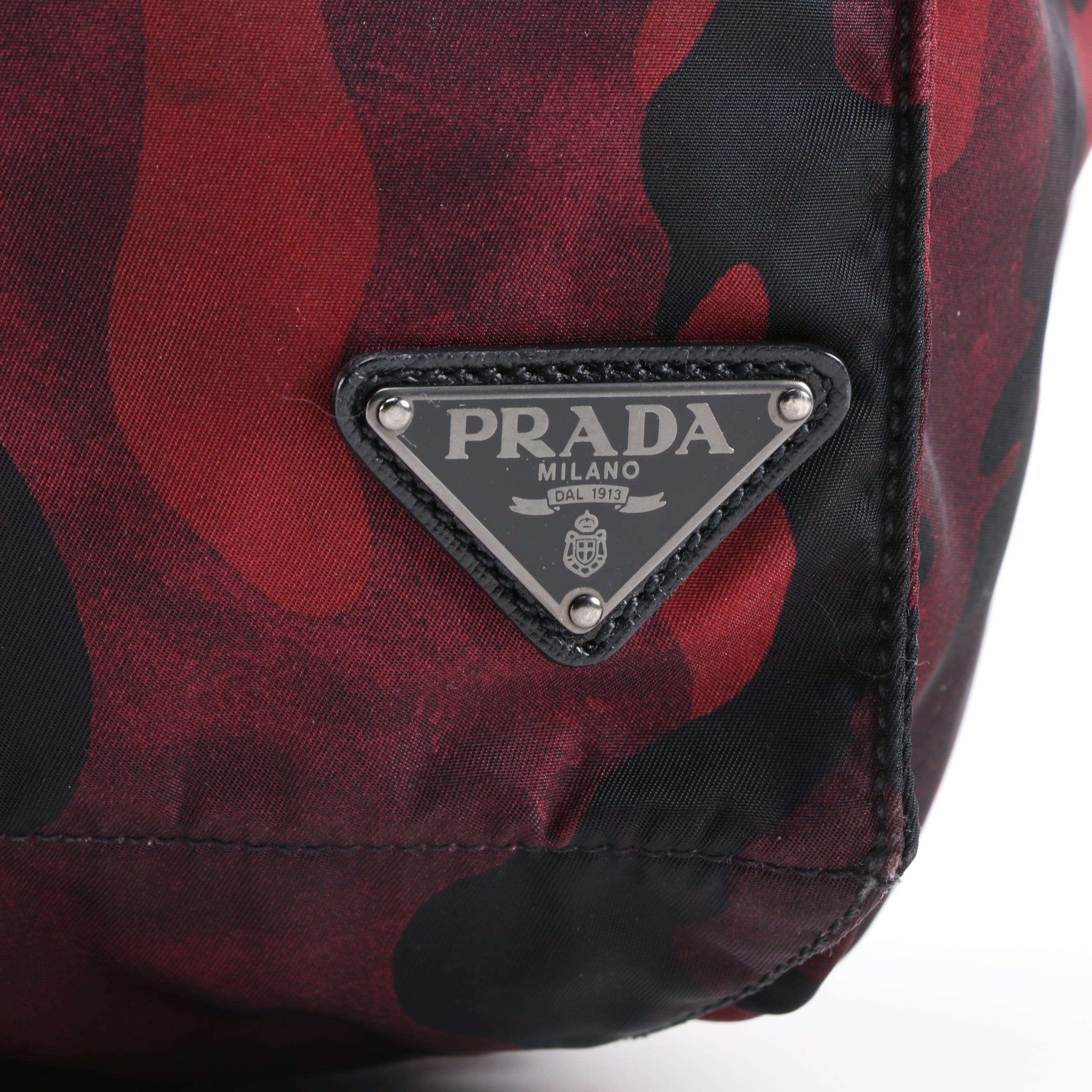 Prada Red/Black Camouflage Tessuto Nylon and Leather Shoulder Tote