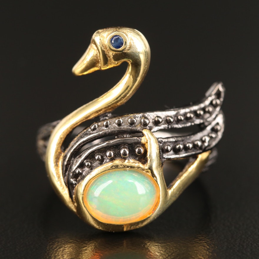Sterling Silver Opal and Sapphire Swan Ring