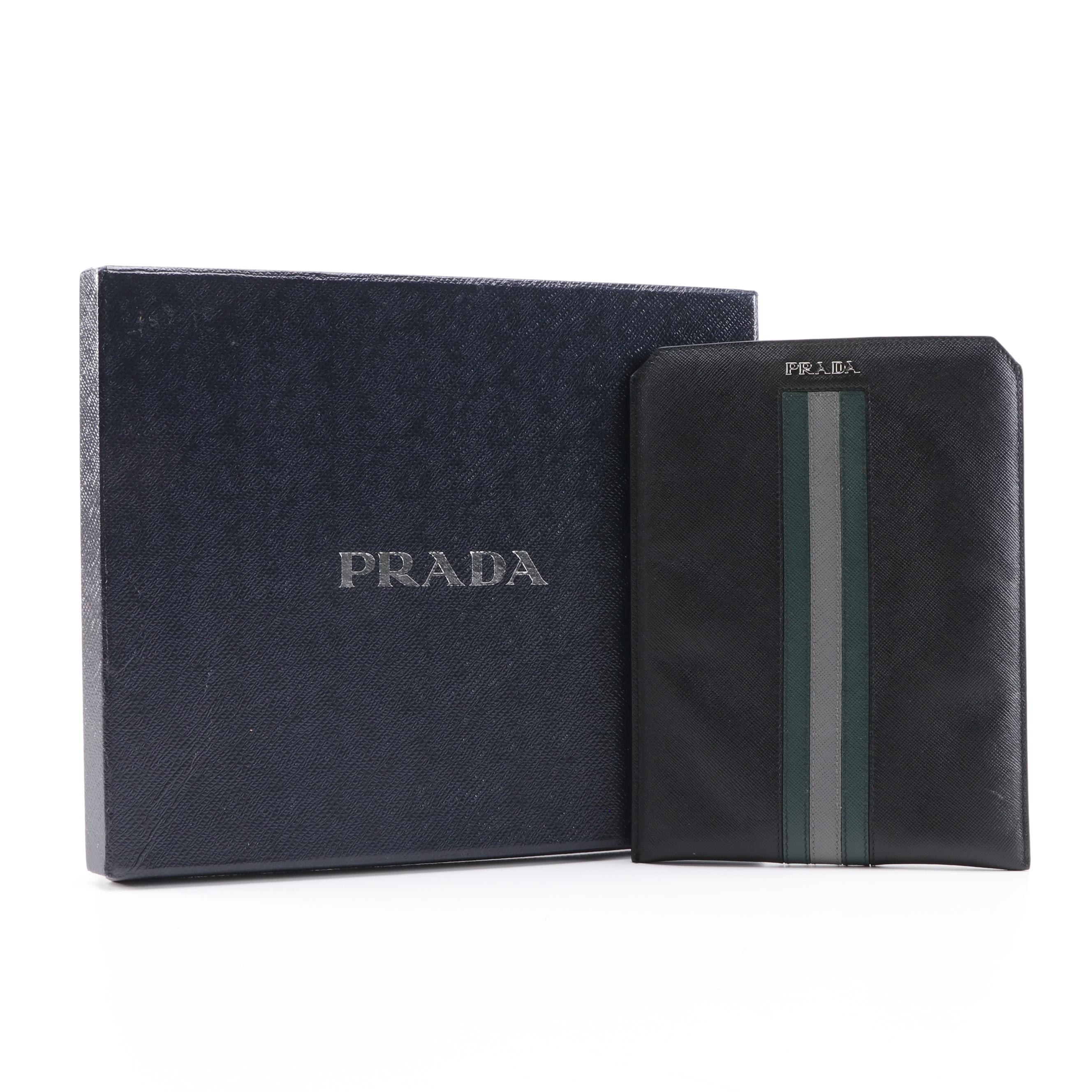 Prada Black, Dark Green and Gray Saffiano Leather iPad Mini/Tech Case