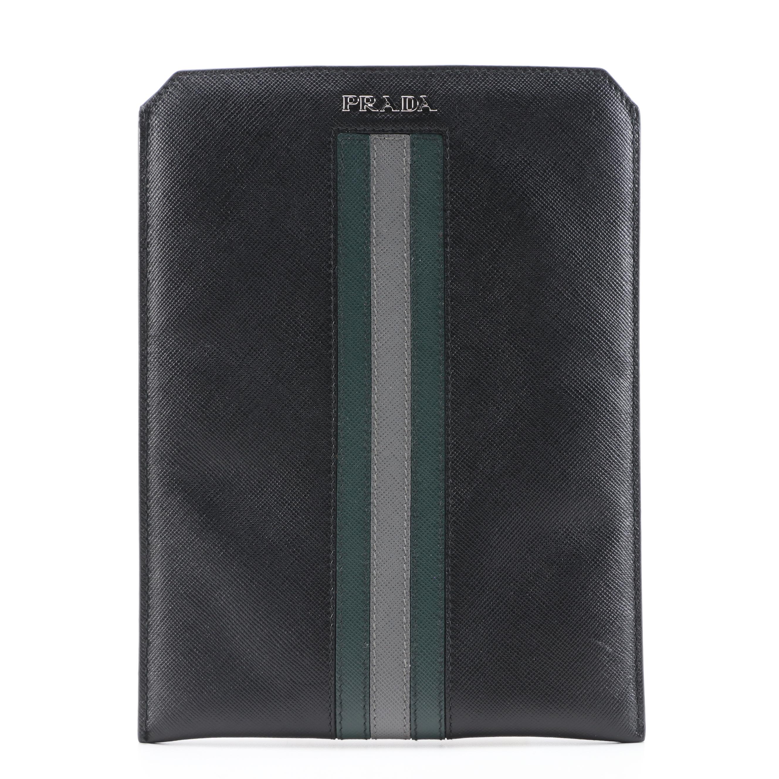 Prada Black, Dark Green and Gray Saffiano Leather iPad Mini/Tech Case
