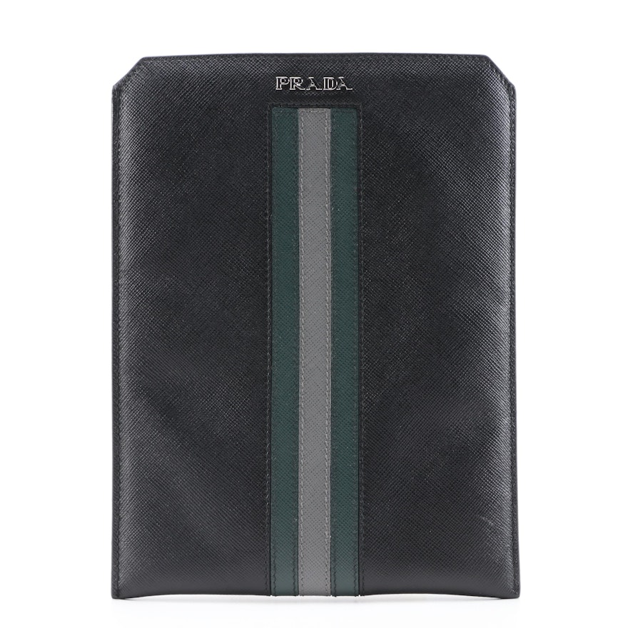 Prada Black, Dark Green and Gray Saffiano Leather iPad Mini/Tech Case