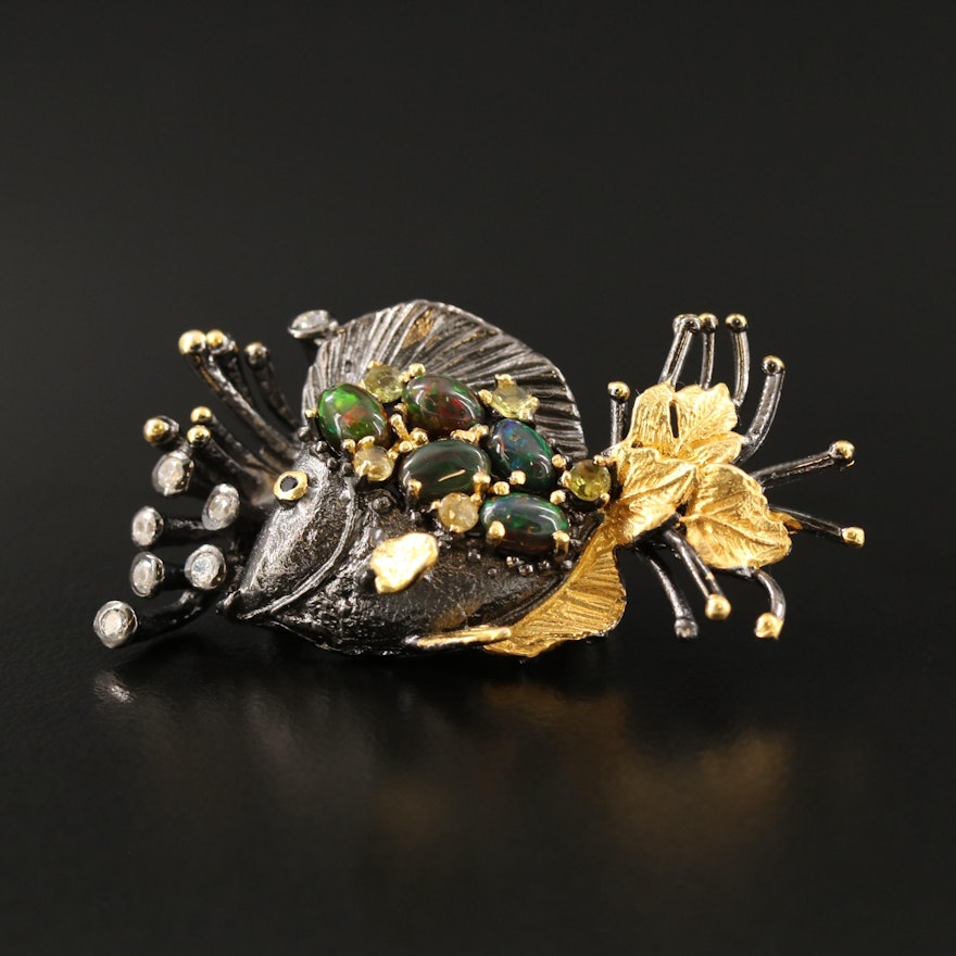 Sterling Opal, Citrine and Cubic Zirconia Fish Brooch