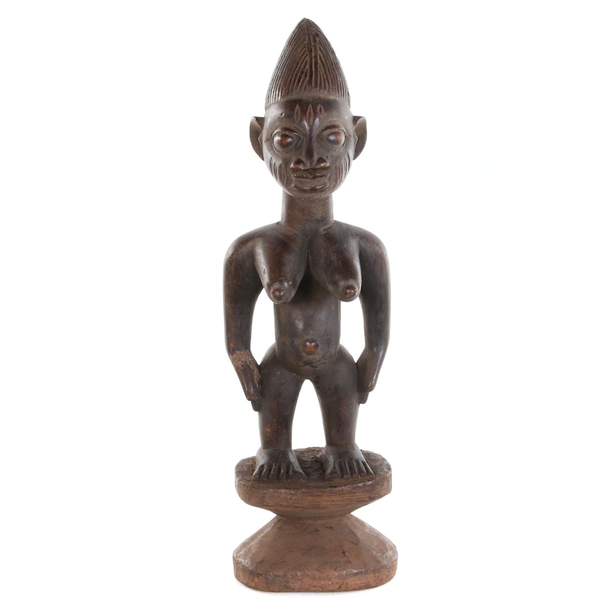 Yoruba Hand-Carved Wood Figure on Pedistal, West Africa