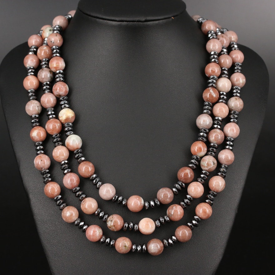Graduated Calcite and Hematite Triple Strand Bead Necklace with Sterling Clasp