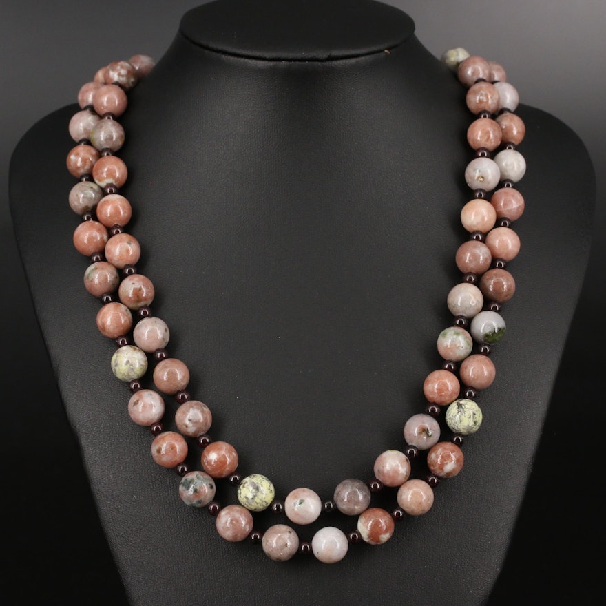 Double Strand Garnet, Agate and Jasper Beaded Necklace with Sterling Clasp