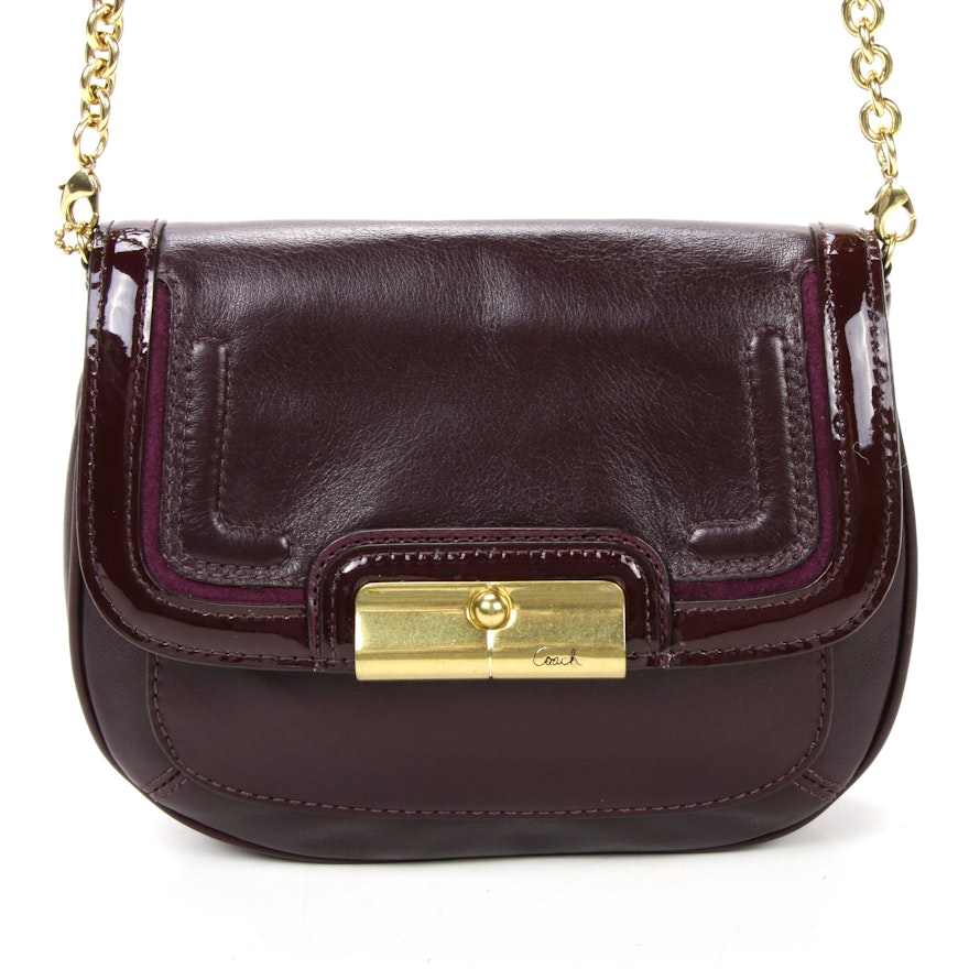 Coach Chain Strap Crossbody Bag in Plum Leather with Patent Leather Trim