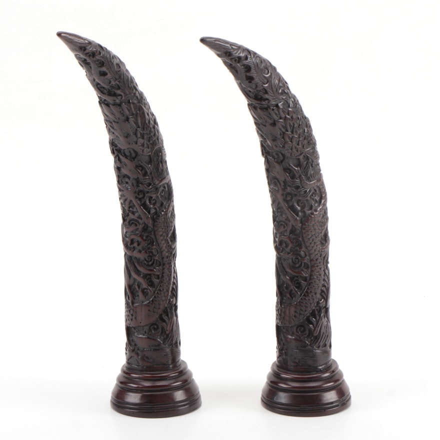 Pair of Chinese Resin Horns with Dragon Motif, Late 20th Century