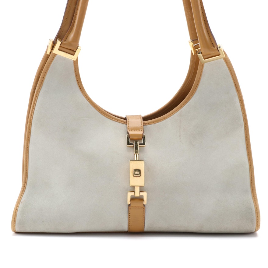 Gucci Piston Lock Suede Shoulder Bag with Tan Leather Trim
