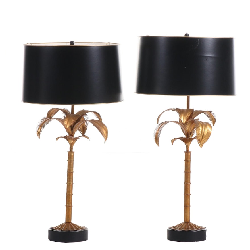 Pair of Hollywood Regency Style Gilt Palm Tree Table Lamps