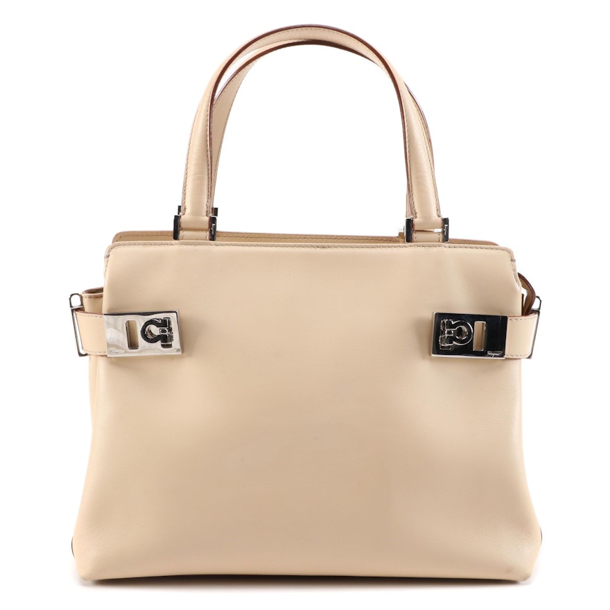 Salvatore Ferragamo Gancini Two-Way Handbag in Beige Leather