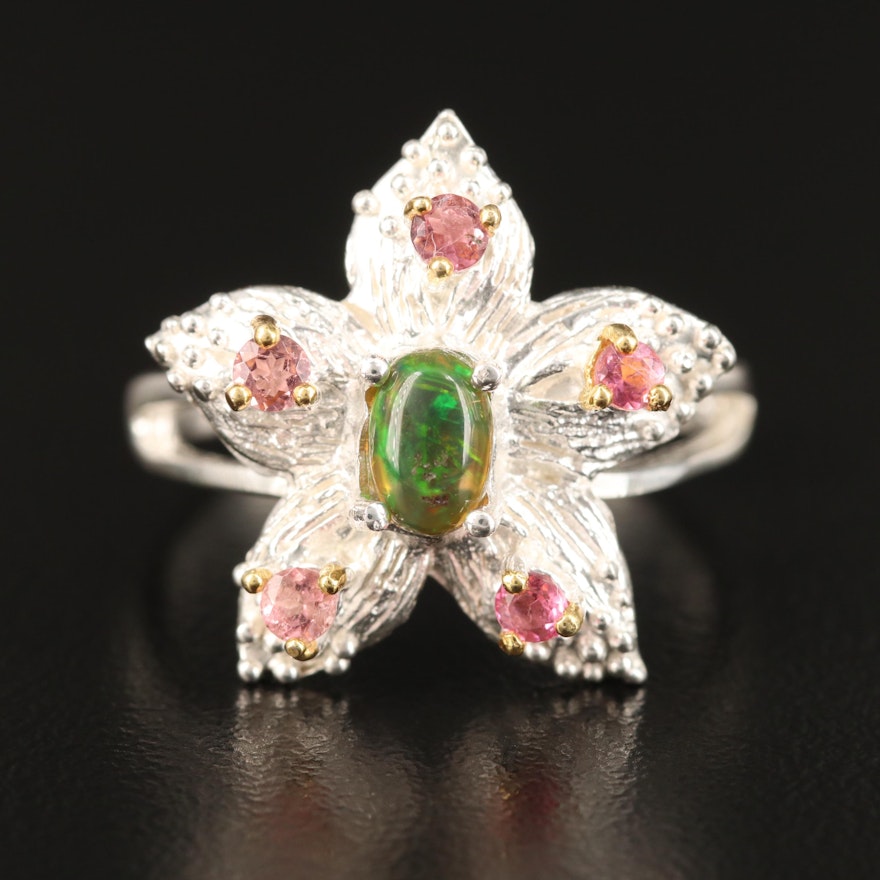 Sterling Opal and Tourmaline Floral Motif Ring