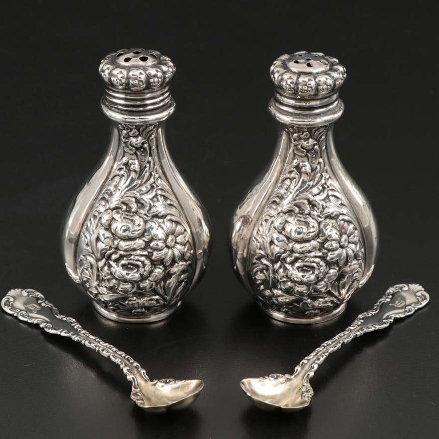 American Repoussé Sterling Shakers with Whiting Mfg. Co. Sterling Salt Spoons