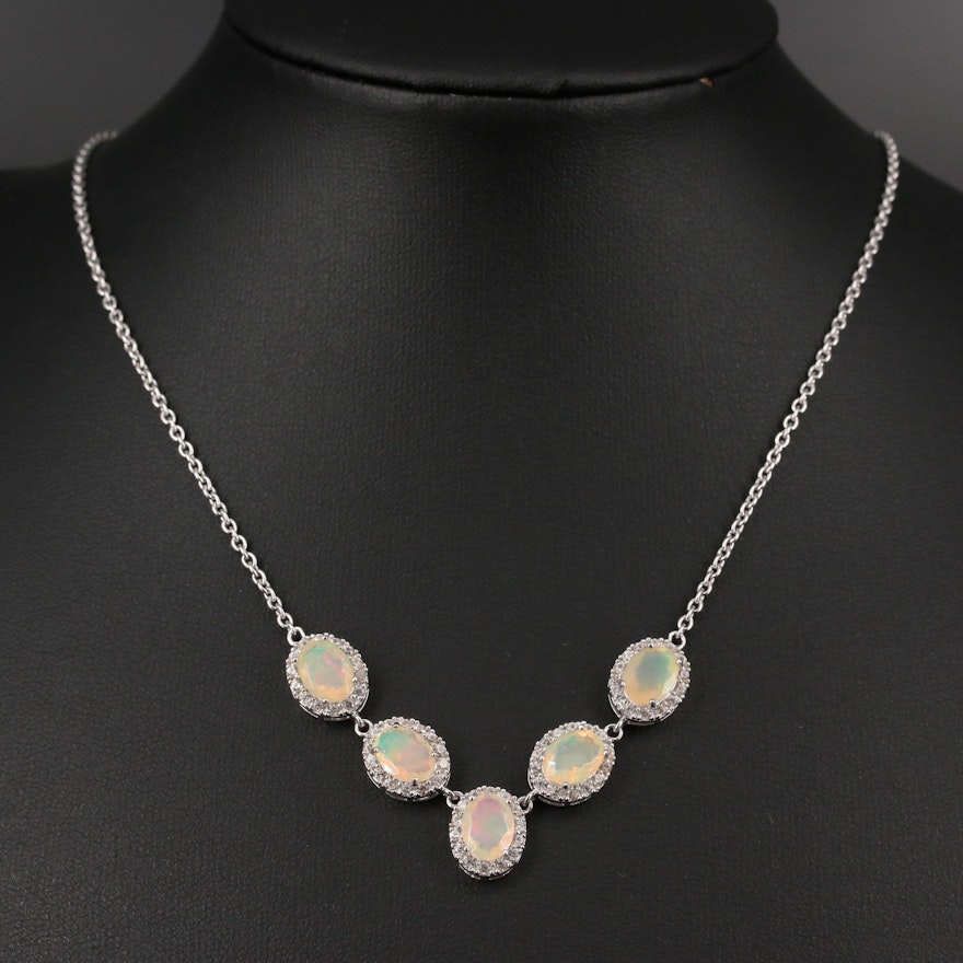 Sterling Silver Opal and Zircon Halo Pendant Necklace