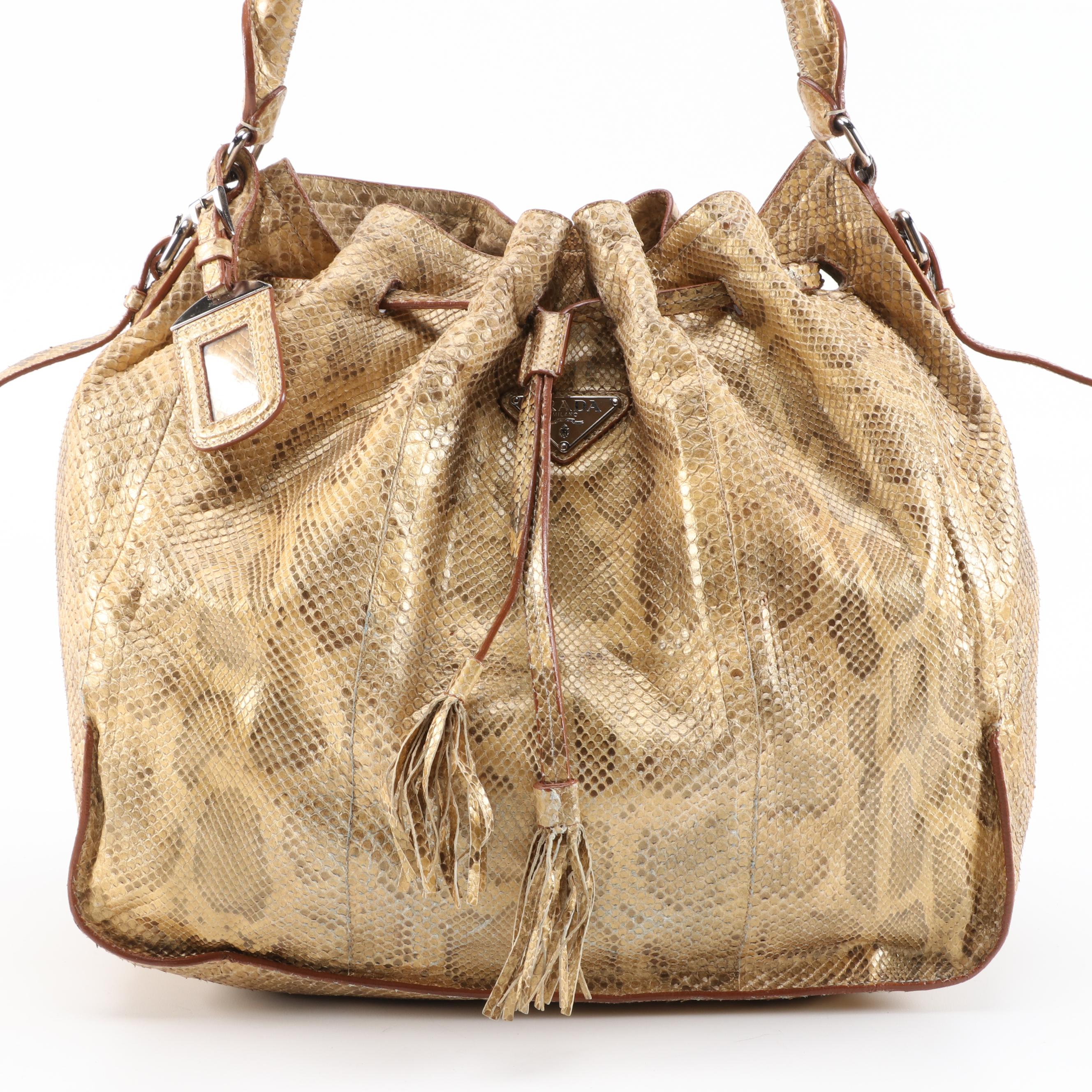 Prada Dyed Python Hobo Bag with Tassels in Metallic Gold