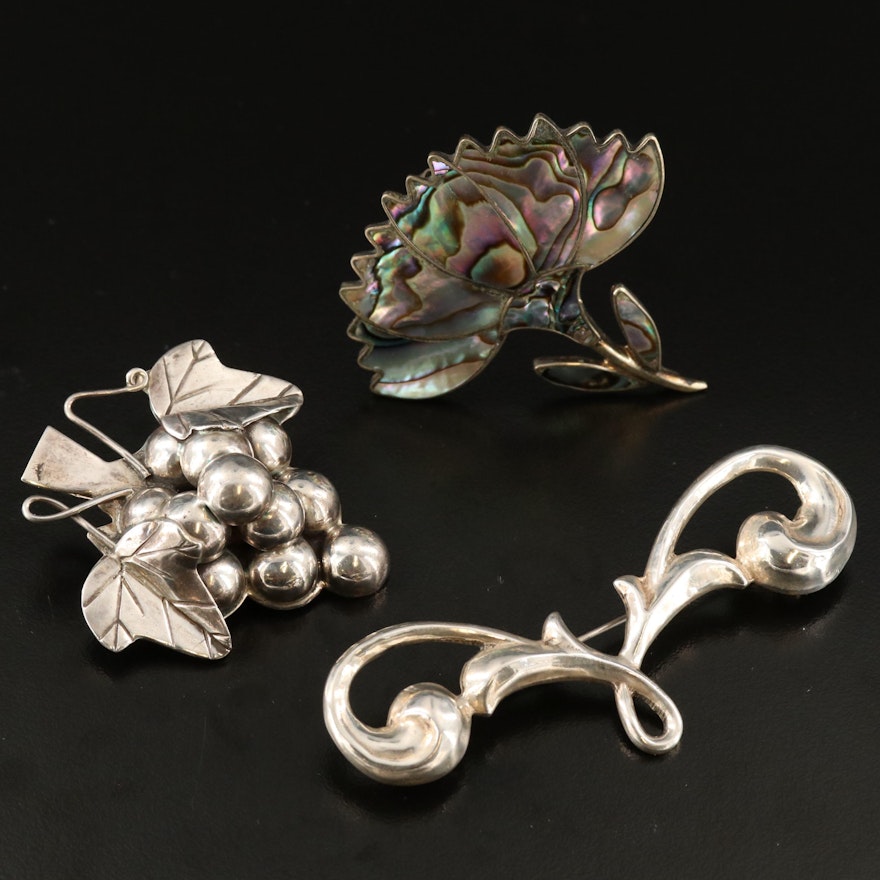 Vintage Sterling Silver Brooches with Abalone Floral Converter Brooch