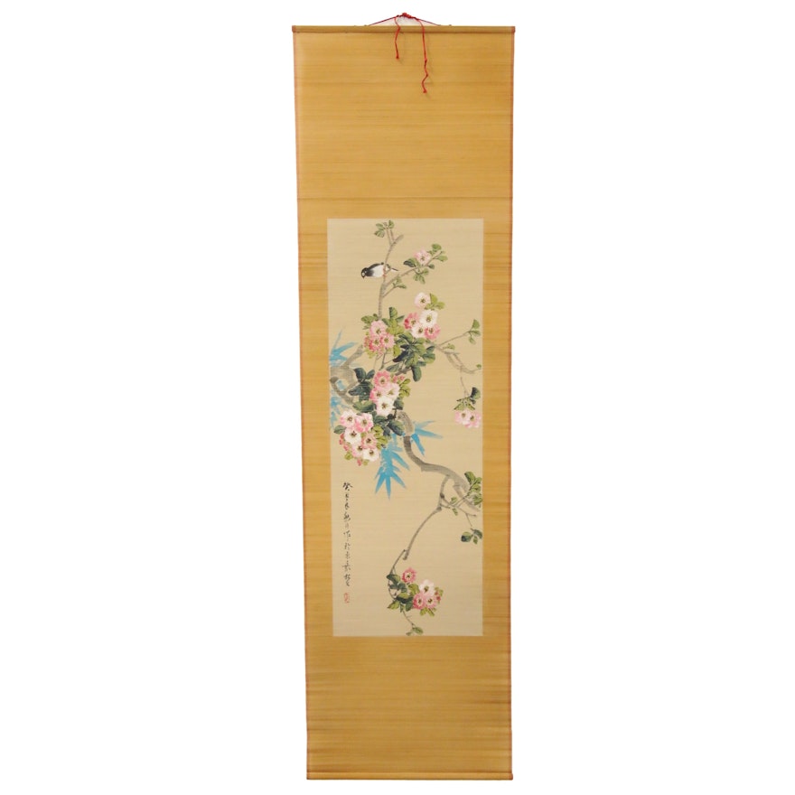 Chinese Hand-Painted Gouache on Bamboo Scroll