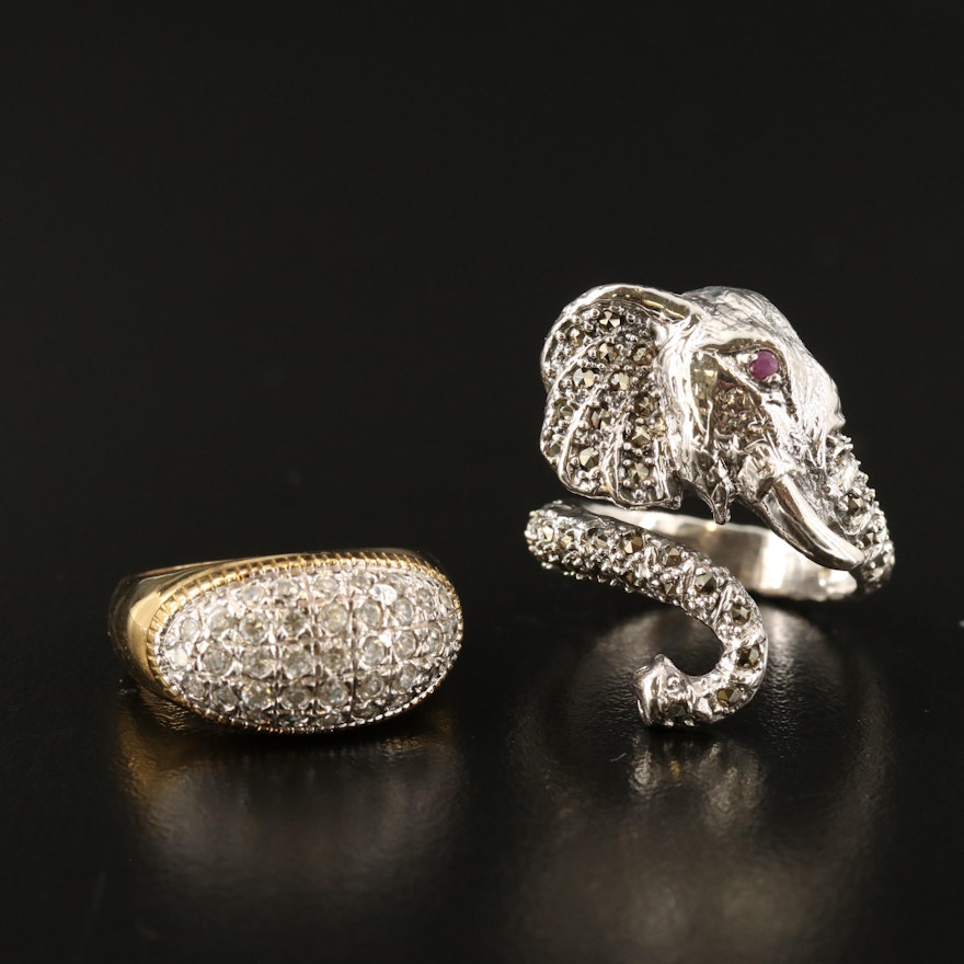 Sterling Silver Elephant Bypass Ring and Cluster Dome Ring