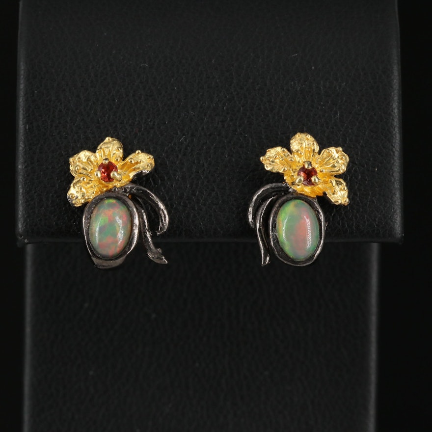 Sterling Silver Opal and Garnet Flower Stud Earrings