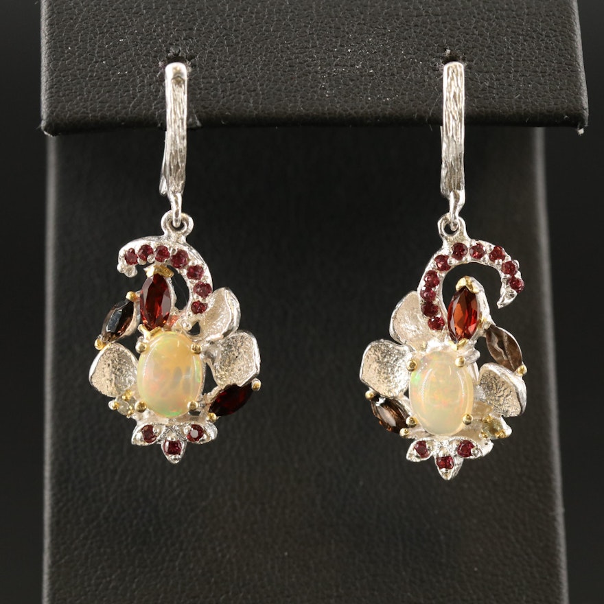 Sterling Silver, Garnet, Opal and Smoky Quartz Drop Earrings