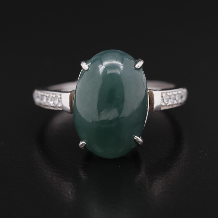 Sterling Silver Jadeite and Cubic Zirconia Ring with GIA Report