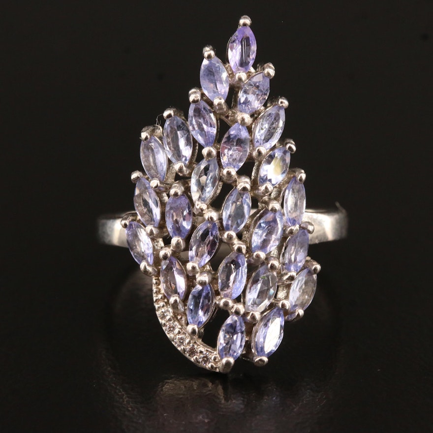 Sterling Silver Tanzanite and Cubic Zirconia Cluster Ring