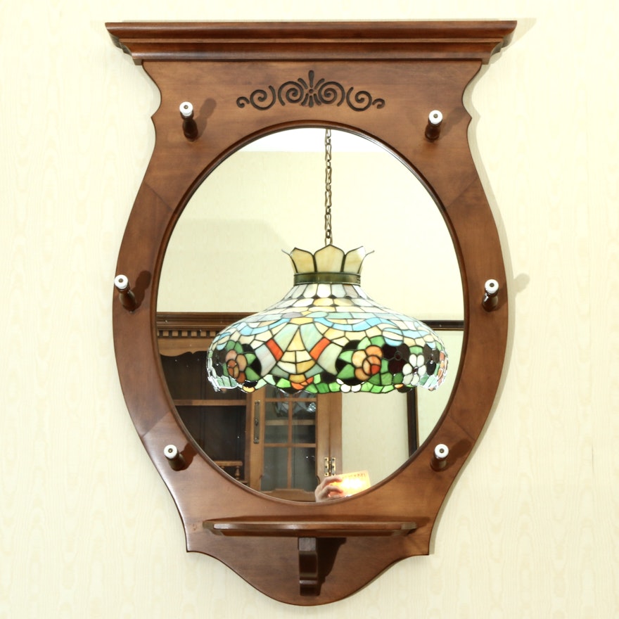 American Colonial Maple Wall Mirror With Coat Hooks