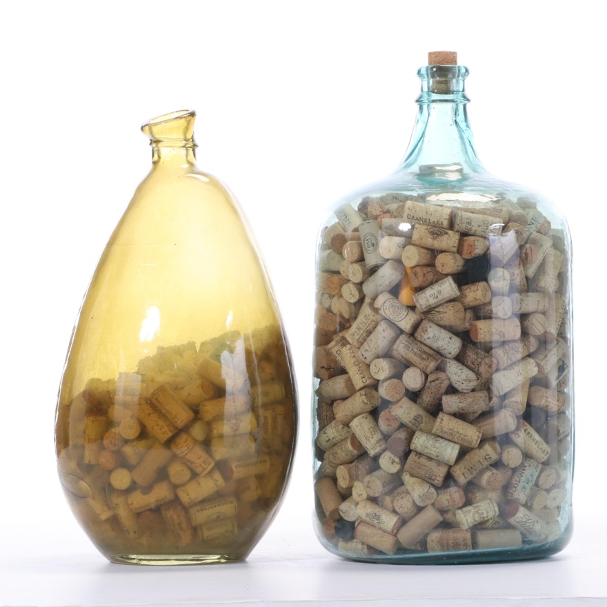 Yellow and Blue Glass Bottles with Wine Cork Collections