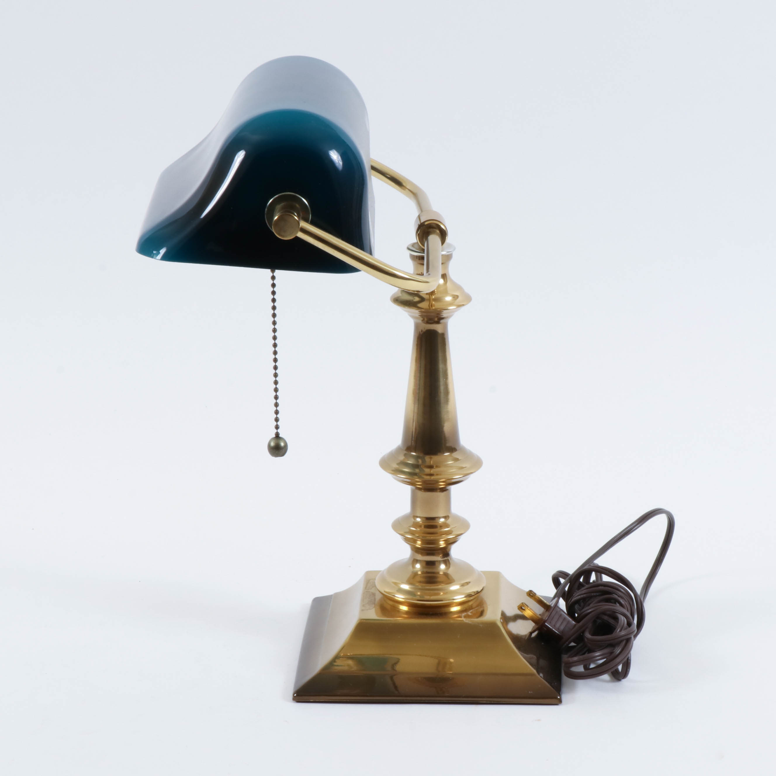 Brass Desk Lamp with Deep Teal Glass Frosted Shade