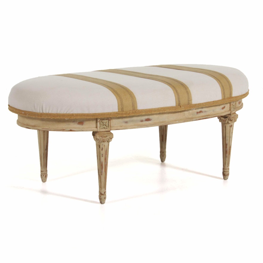 Henredon Louis XVI Style Upholstered Distressed-Painted Oval Bench