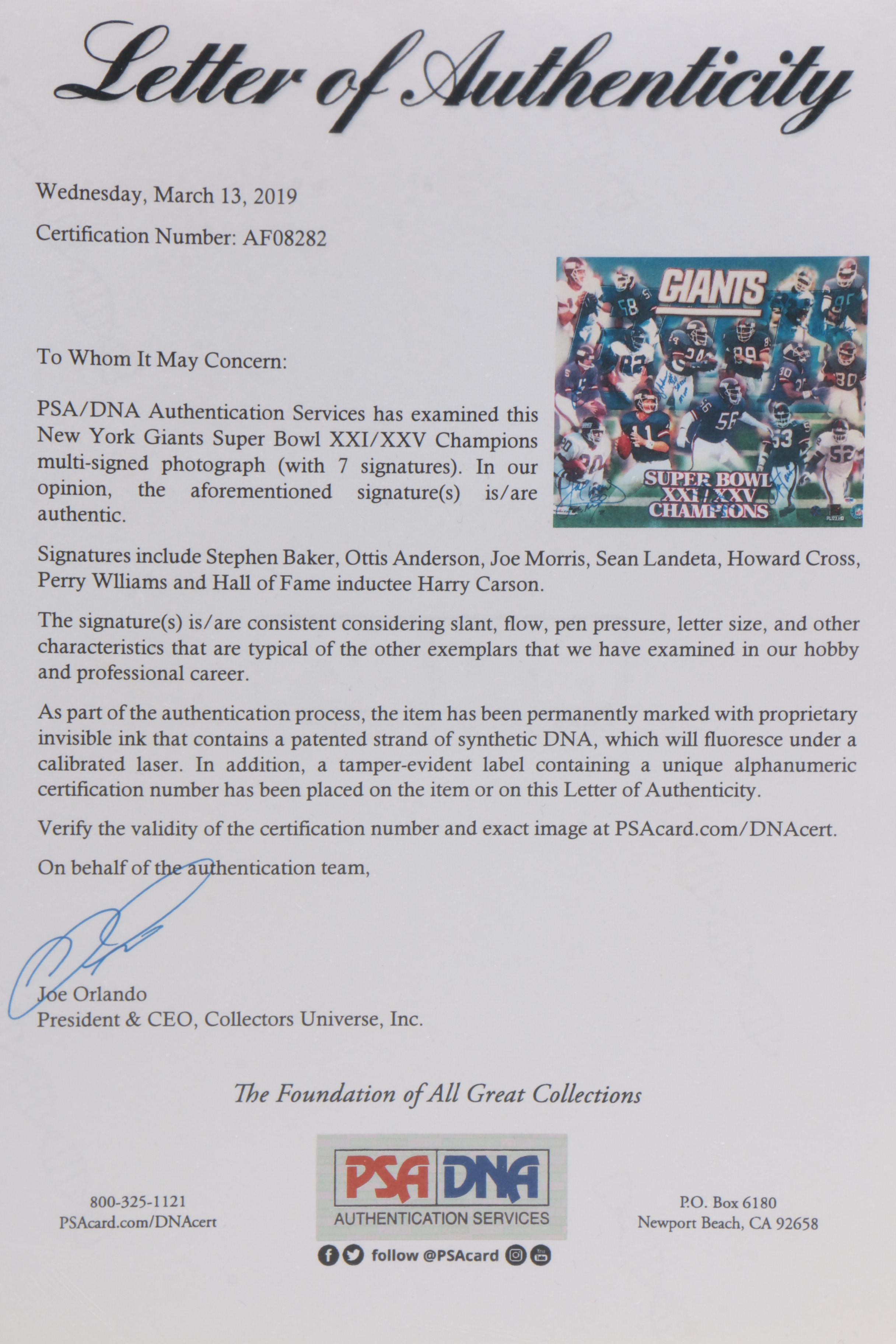 New York Giants Signed Super Bowl Champions XXI/XXV Poster, PSA COA