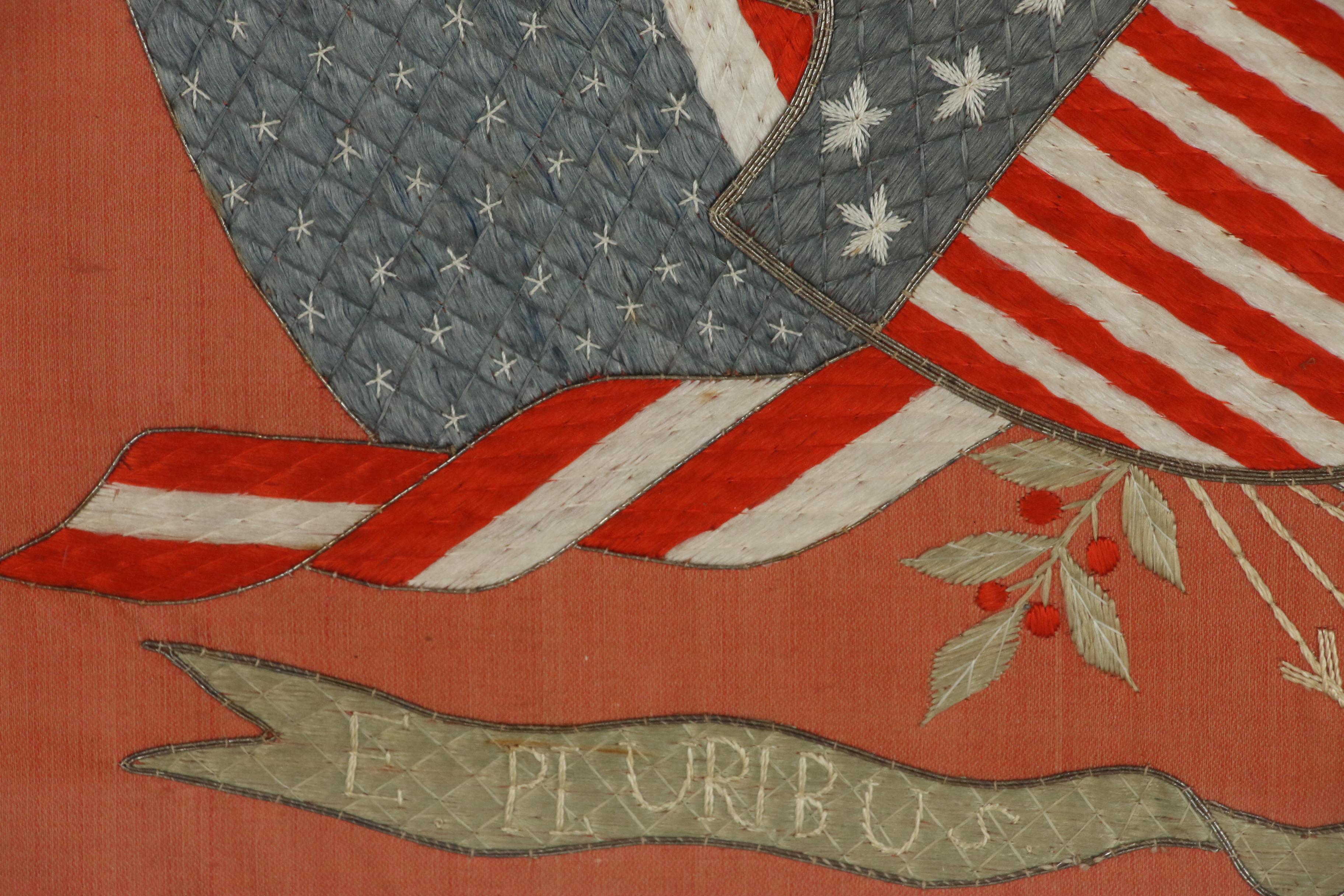 Japanese Export Silk Trapunto Embroidered American Patriotic Banner, circa 1900