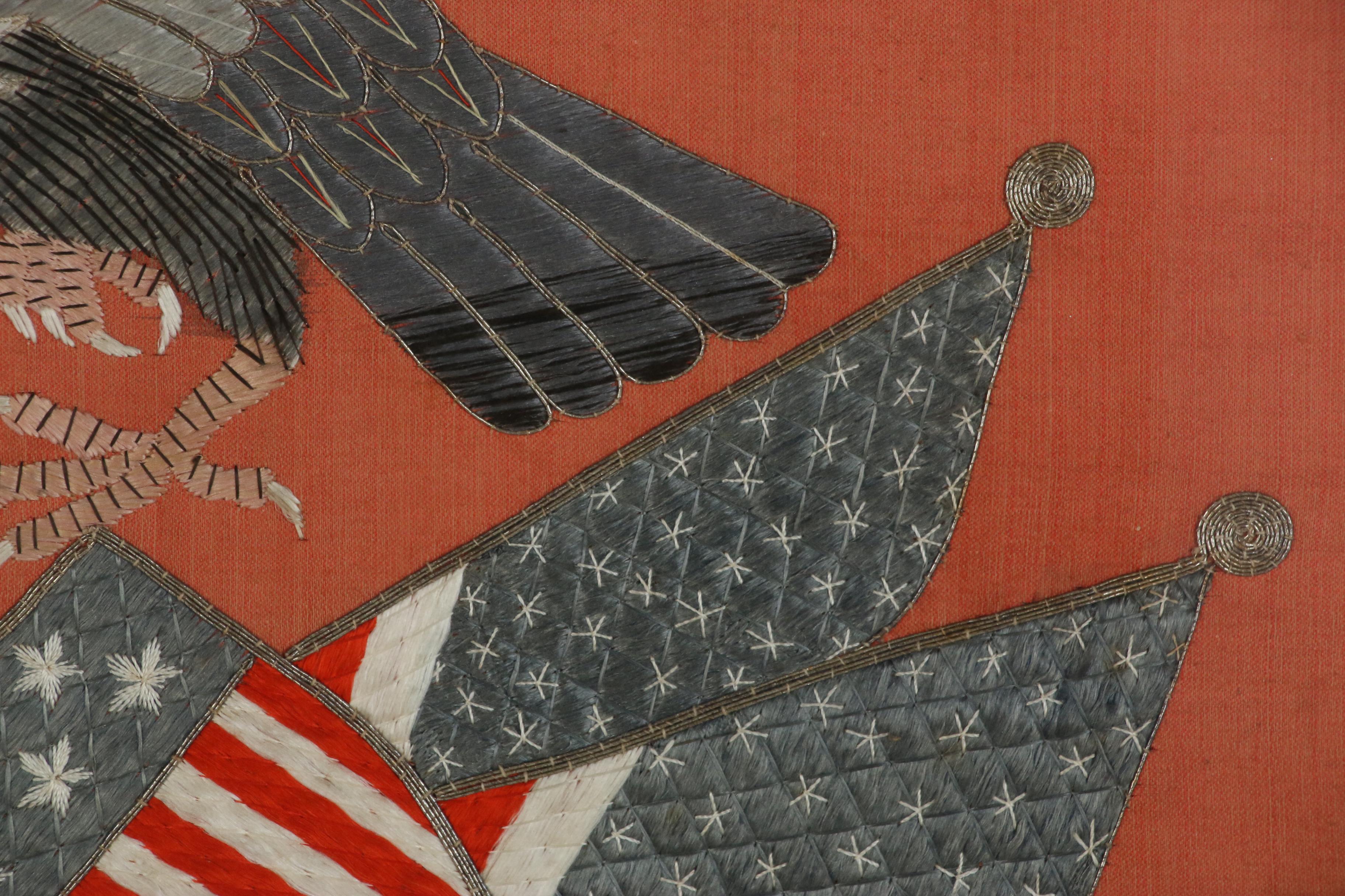 Japanese Export Silk Trapunto Embroidered American Patriotic Banner, circa 1900
