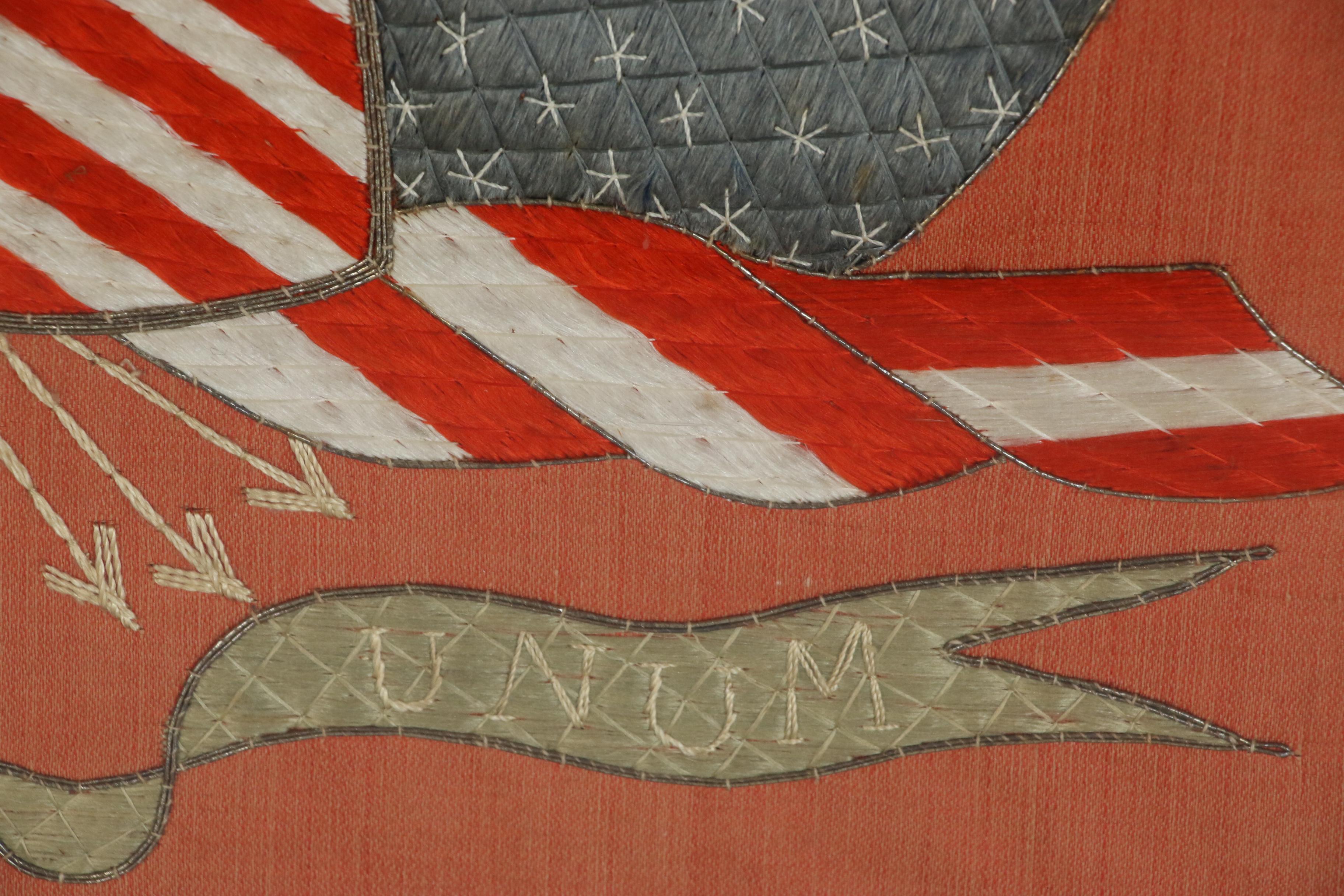 Japanese Export Silk Trapunto Embroidered American Patriotic Banner, circa 1900