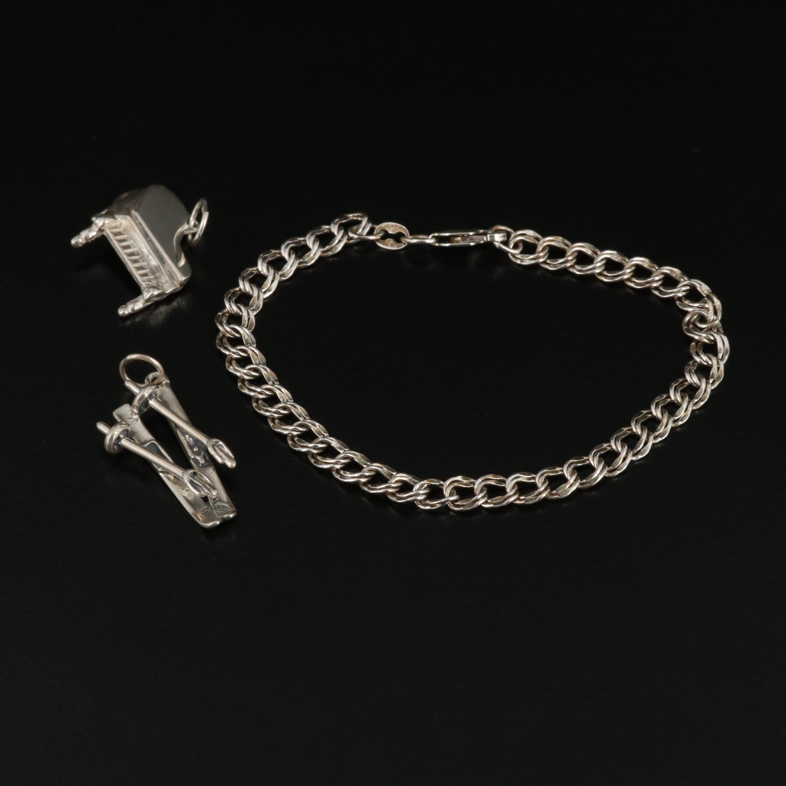 Sterling Silver Charm Bracelet with Piano and Ski Charms