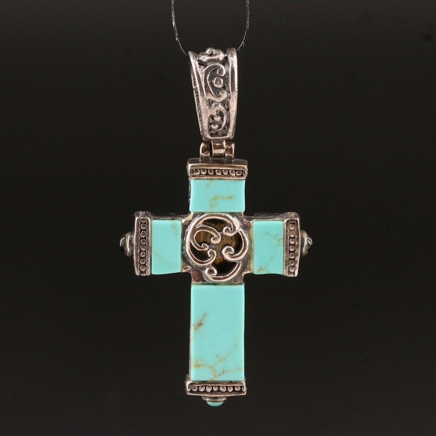 Sterling Silver Mother of Pearl Heart, Black Onyx and Turquoise Cross Pendant
